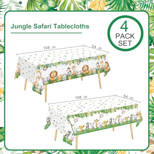 Image of QIYANPAX 4 Pack Jungle Safari Tablecloths, Wild One Table Cover, Animals Plastic Plastic Table Cloth for Sage Green Safari Baby Shower Decorations, 108x54 Inch