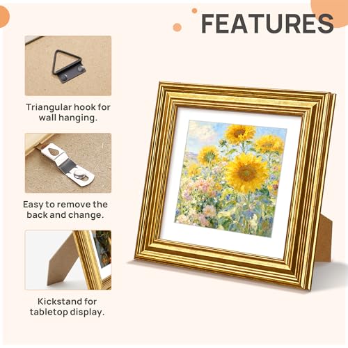 Image of upsimples 5x5 Picture Frame, Vintage Frames Decor, 1Pack Gold | Fit 4x4 and 5 x 5 Square Photo, Wall or Tabletop Display, Antique-style Decoration, Rustic Farmhouse Decor, For Weddings
