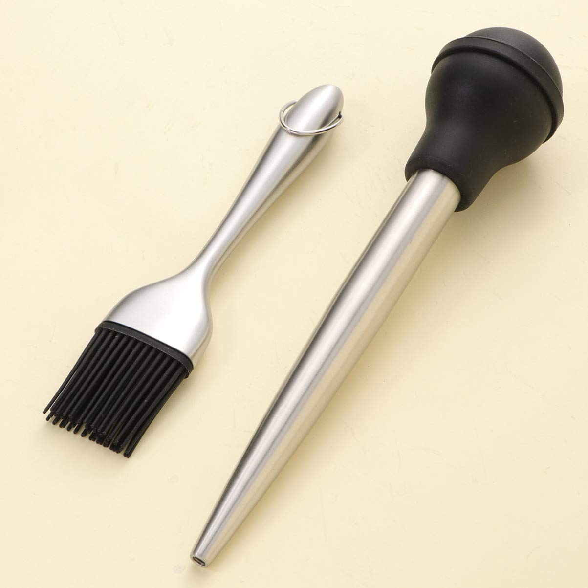 Set Utensili per Barbecue in Acciaio Inox 304 Contagocce Olio da Cucina, Tubo Rigido per Condimento Tacchino e Pennello in Silicone Alimentare, Accessori Pratici per Carne