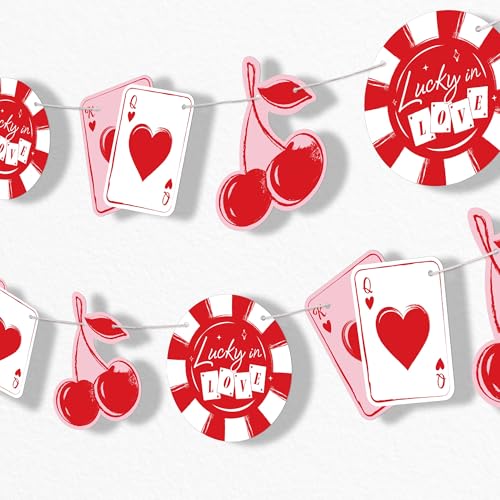 Big Dot of Happiness Lucky in Love Garland Banner Las Vegas Bachelorette Party Decor 30 Feet of Cord 15 Double-Sided Red & Pink Retro Cherry Poker Chip Queen of Heart Playing Card Pieces
