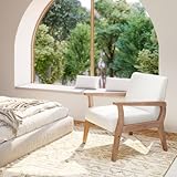 CIMOO Beige Accent Chair Mid Century Modern Armchair Wood Sitting Chair Linen Fabric Upholstered Side Chair Comfortable Chair for Living Room Bedroom Cream