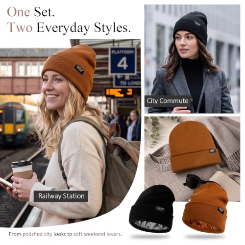 Image of 2 Pack Satin Lined Beanies for Men and Women Warm Cuffed Winter Hats