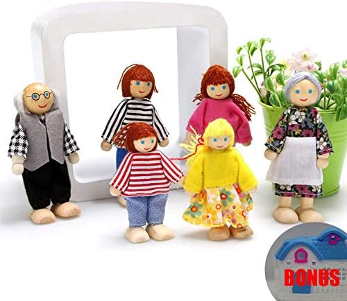 DOMOS Happy Dolls Family, Poseable Wooden Joint Figures, Natural Wood, Nontoxic Paint with Bonus a Mini Dollhouse for Children House Pretend Gift