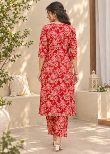 Image of Women's Pure Cotton Printed Kurta Pant Set | Floral Print Kurta with Pants | Ethnic Suit Set | Daily Wear | Co-Ord Set Dress for Women,2 Piece Set