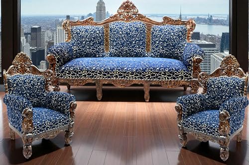 Image of Wooden 5 Seater Sofa Set, Solid Wood Sofa 3+1+1 with Cushion Seating, Traditional Design Furniture for Living Room, Home, Office, Bedroom