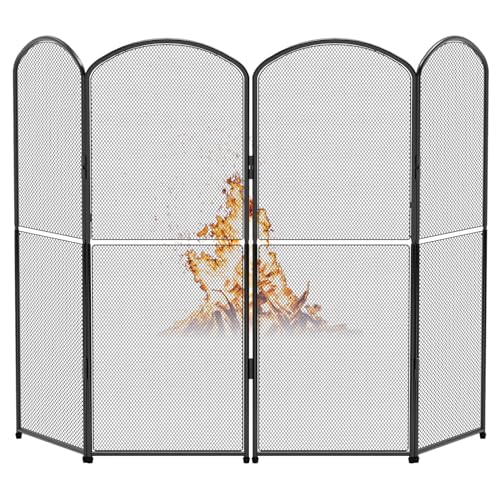SHINOSKE 4-Panel Fireplace Screen,47.8' W x 31' H Black Metal Foldable Fireplace Cover,Decorative...