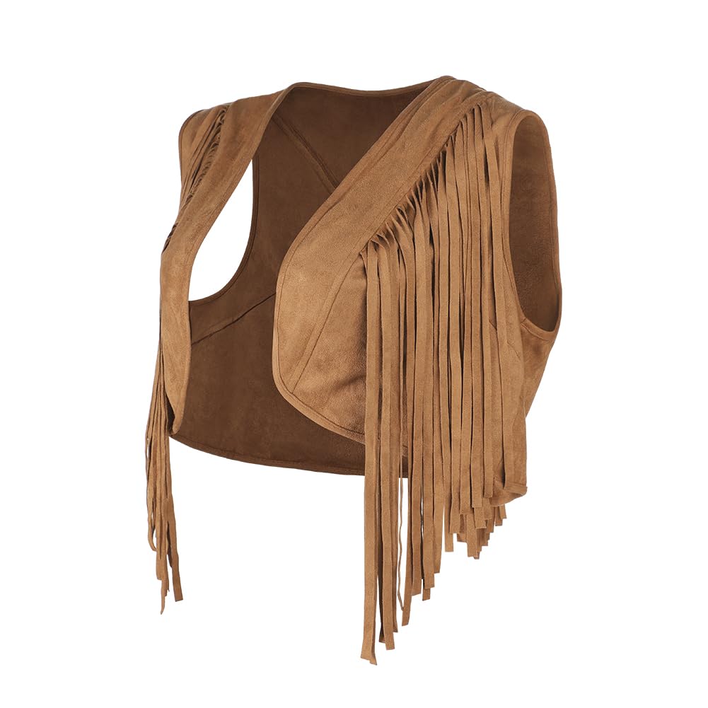 JNGUOSICN Western Cowgirl Costume Set for Women Fringe Vest Cowboy Hat 60s 70s Hippie Costume Clothes Faux Suede Open Front Sleeveless Waistcoat Jacket for Hippie Disco Carnival Halloween Party - Image 4