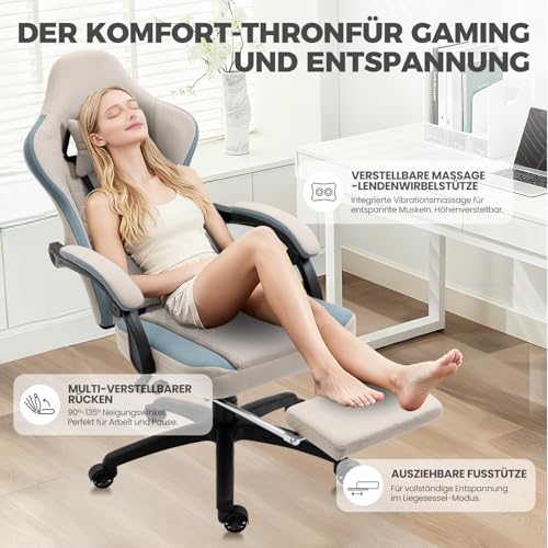 Sedia da gaming in tessuto, con cuscino a molle insacchettate, sistema massaggiante, poggiatesta e poggiapiedi, ergonomica (grigio) - Sedia gaming - Immagine 8