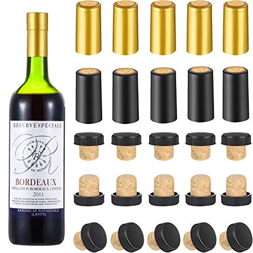 50 Packs Wine Bottle Cork Stopper with Black Plastic Top, 25 Packs Gold and 25 Packs Black T-shape PVC Heat Shrink Capsules, Cork Tops Tasting Corks Wine Bottle Seals Shrink Caps