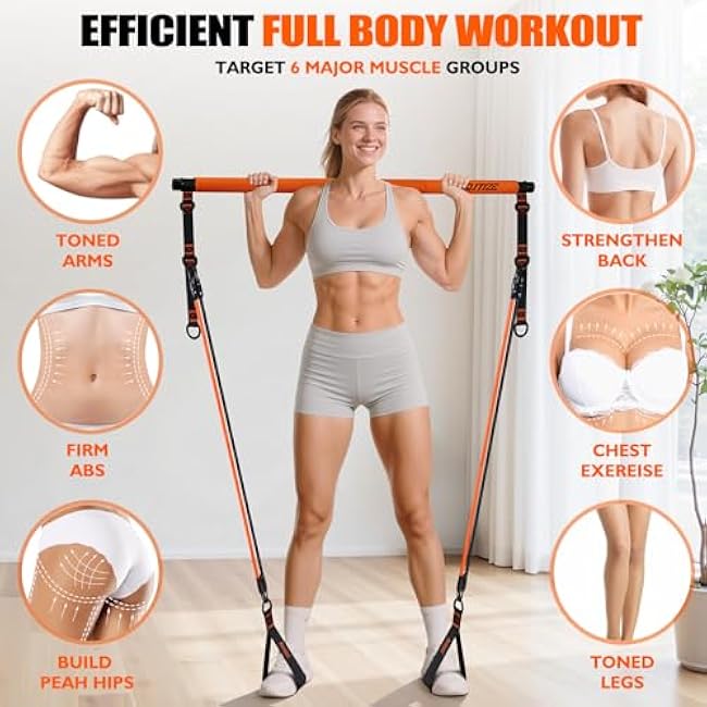 Pilates Bar Kit with Resistance Bands, Pilates Equipment, Multifunctional Pilates Bar for Women & Men, Pilates kit for Hip, Back, Arm, Full-Body Workouts, Home Gym Strength Training Equipment