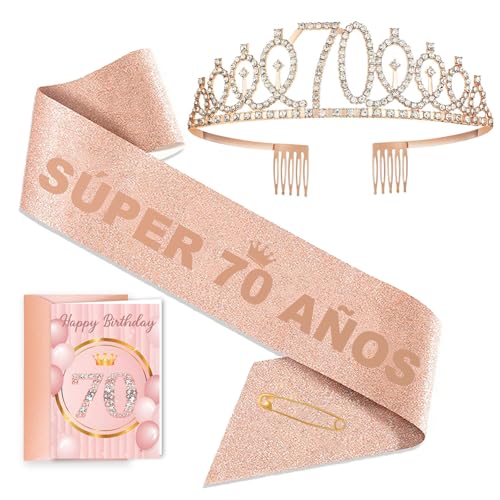 Toctax Kit presente aniversário 70 anos mulher, banda super 70 anos, tiara 70, cartão e envelope. Ideal como presente e decoração para festas