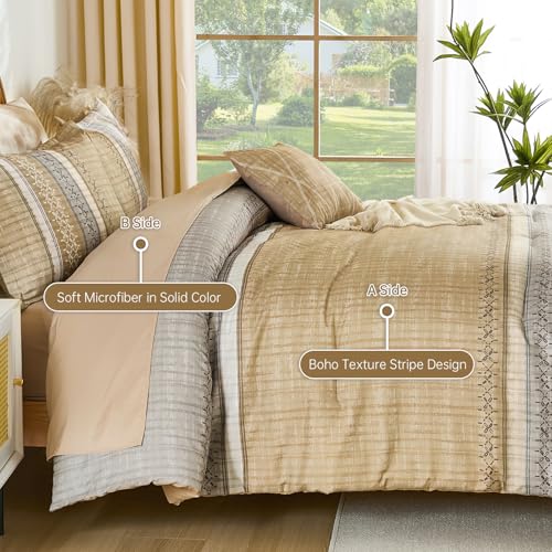 Image of Dintszyayue Khaki King Comforter Size Set, 8 Pieces Striped Boho Texture Bed in a Bag Sets, Lightweight Soft Bohemian Comforter and Sheet Set, All Season Microfiber Bedding Sets for Men Women