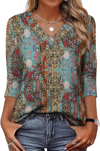 Image of XIEERDUO 3 /4 Length Sleeve Womens Tops V Neck T Shirts Summer Clothes Basic Blouses Dressy Casual 2026 Spring Outfits