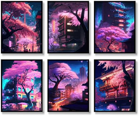 QQQDADA Japanese Wall Art Prints Set of 6 Anime Posters Abstract Illustration Wall Art Comic Sakura Picture Fashion Canvas Art Painting for Living Room Bedroom Wall Decor (8"x10" UNFRAMED)