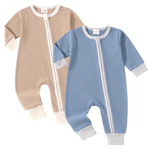 Image of Yookoom Baby 2 Pack Rompers Long Sleeve Waffle Two Way Zipper One-Piece Romper Cotton Jumpsuit Outfits