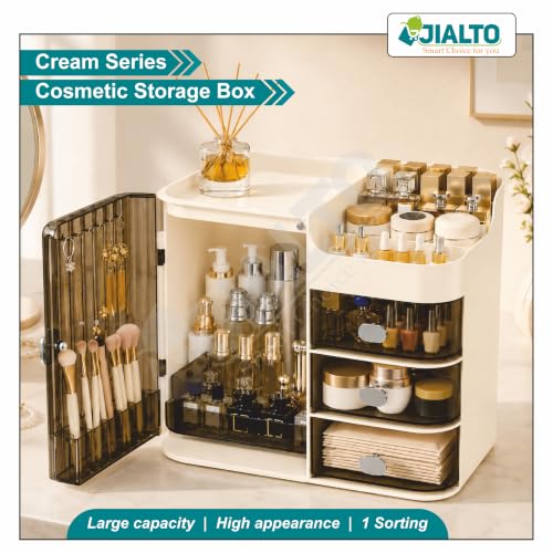 Image of JIALTO Makeup Organizer Box with 4 Compartments- Cosmetic Storage Box & Organiser with Drawers and Brush Holder- Dustproof & Waterproof Makeup Stand for Women- Dressing Table & Vanity Storage