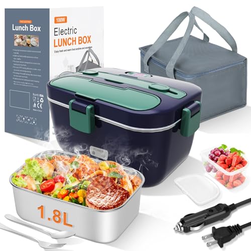 DUPASU Electric Lunch Box 60W Food Heated 12V 24V 110V Portable Food Warmer Heater for Car/Truck/Home Self Heating Box with 1.8L 304 Stainless Steel Container 0.45L Compartment (Green+Royal blue)