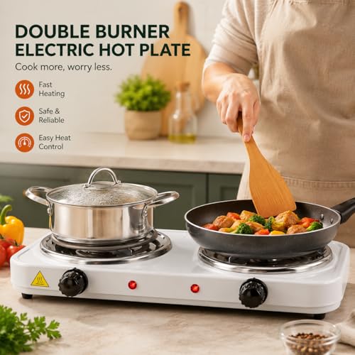 Image of 2000W Double Burner Electric Hot Plate for Cooking with Adjustable Temperature Control, Portable Dual Electric Stove Cooktop, Fast Heating Stainless Steel Coil Burner for Home Kitchen