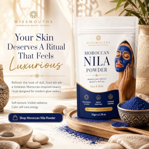 Image of Moroccan Nila Powder - Indigo Blue Face Pack for Skin Brightening, Tan Removal & Detox | Traditional Moroccan Hammam Beauty Treatment for Face & Body Care | 50g (50G - PACK OF 1)