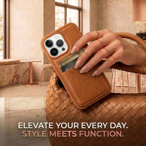Image of amazon basics Premium Vegan Leather Back Cover with Card Holder and Integrated Mobile Stand for iPhone 14 Pro Max - Slim Shockproof Wallet Case with Geometric Stitching [Tan]