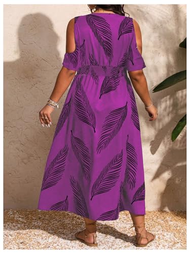 Image of Floerns Women's Plus Size Cold Shoulder Tropical Print V Neck Flared A Line Long Dress