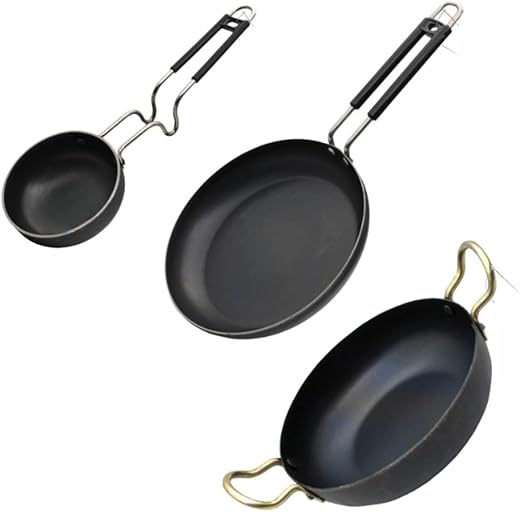 Traditional Iron Cookware Combo – Deep Bottom Kadhai, Fry Pan, and Tadka Pan with Grip Handles, Induction Base, Black