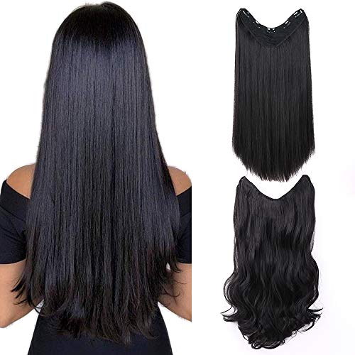 YMHPRIDE 2 pièces 24 pouces nouvelle forme en V longue noire droite et vague clip dans l'extension de cheveux invisible demi-faux synthétique perruque longue noire naturel postiches