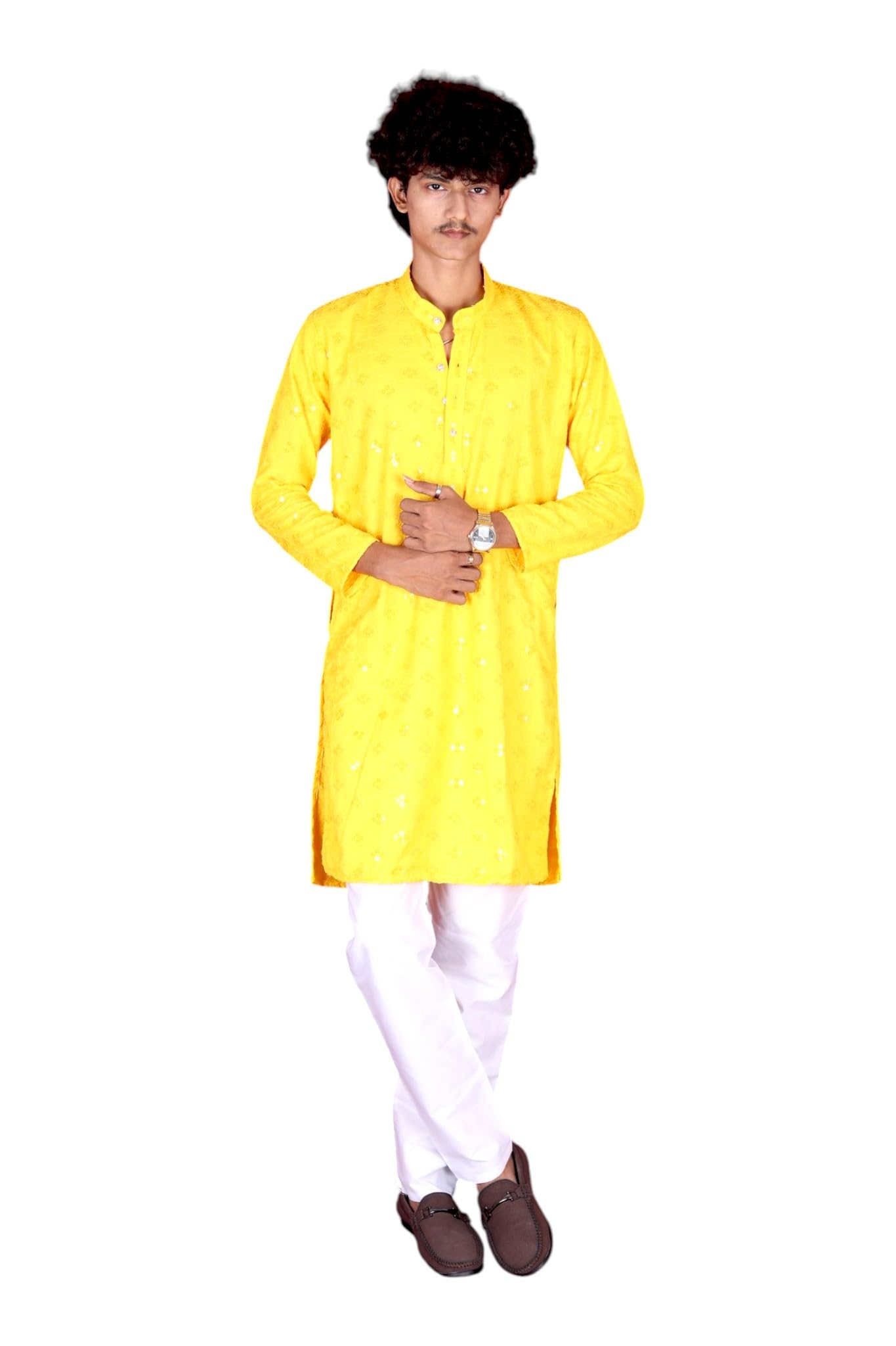 United Colors of Benetton Men's Formal Wear Yellow Shirt and White Pants with Black Belt-picture-25