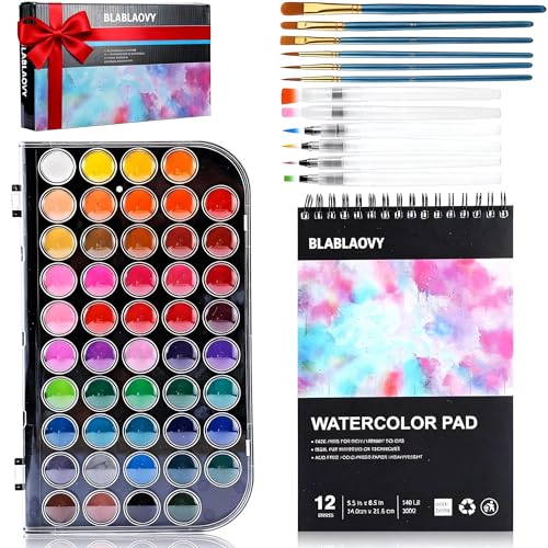 Blablaovy Watercolor Paint, 48 Colors Washable Paint Set, 6 Brush, 6 Refillable Water Brush Pen, Drawing Pad, Palette, Painting sets for Artists...