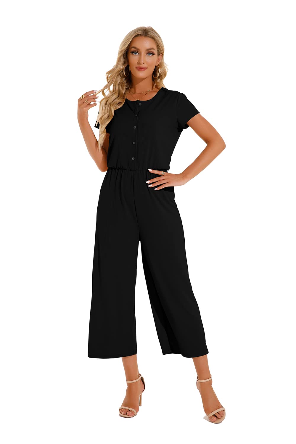 Cassiecy Jumpsuit Damen Elegant Kurzarm Playsuit V-Ausschnitt Casual Lose Overalls Lang Romper