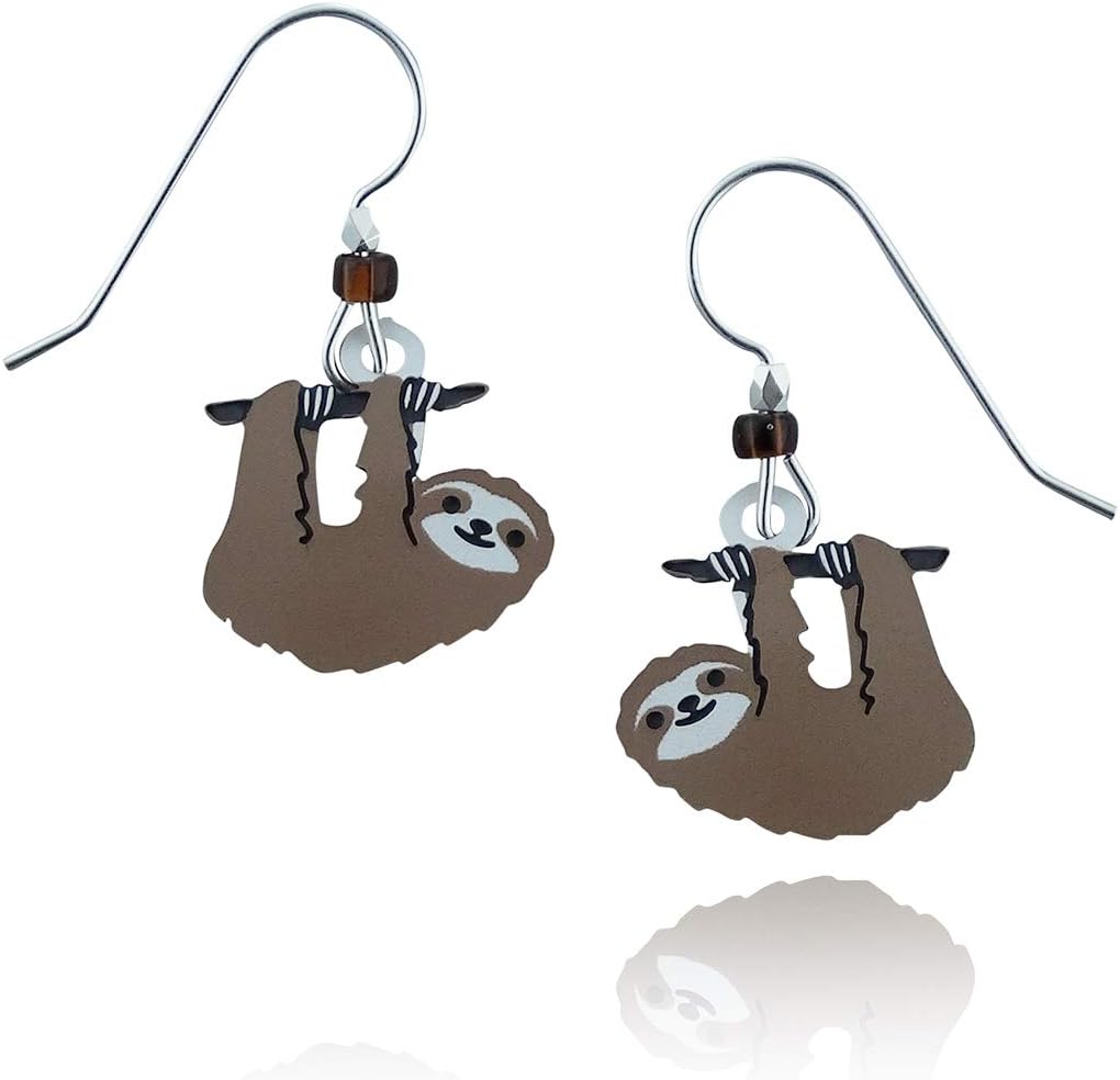 Sienna Sky Hand Painted Hanging Sloth Earrings, Surgical Steel Ear Wires