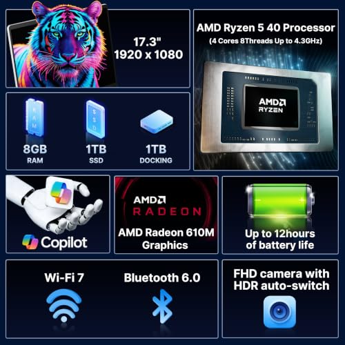 Image of HP OmniBook 3 17.3 inch FHD Business Laptop, AMD Ryzen 5 40, 8GB RAM, 2TB Storage (1TB SSD+1TB Docking Station Set), AMD Radeon 610M, FHD Camera, Copilot, Wi-Fi 7, Windows 11, Glacier Silver