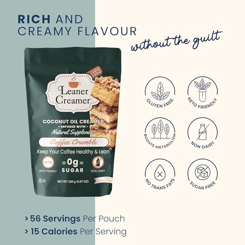 Leaner Creamer Coconut Creamer with Superfood Ingredients – Non-Dairy, Sugar-Free, Keto, Gluten-Free Powdered Coffee Creamer – Coffee Crumble – 280g