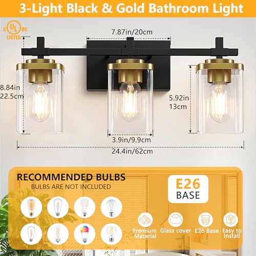 Spiglamm 3-Lights Black and Gold Bathroom Light Fixtures Over Mirror, Modern Brushed Gold Vanity Lights for Bathroom, Sconces Wall Lighting with Square Glass Shade for Mirror Bedroom Hallway