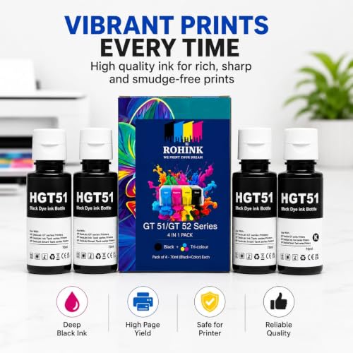 Image of ROHINK GT51 GT52 Ink Refill Dye Ink Compatible with HP Ink Tank 115, 310, 315, 319, 410, 415, 416, 419, 455, 500, 515, 530, 615, GT 5810, GT 5811, GT 5820 (70ml*4 Black)