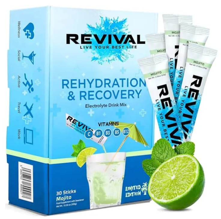 Revival Rapid Rehydration, Electrolytes Powder - High Strength Vitamin C, B1, B3, B5, B12 Supplement Sachet Drink, Effervescent Electrolyte Hydration Tablets - 30 Pack Mojito