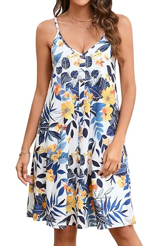 Enmain Spaghettiträger Sommerkleid Damen Strandkleid Leicht Luftig Sommer Elegant Kleider Weißes Blumen Trägerkleid Kurz Knielang 2XL
