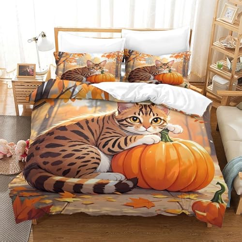 Housse de Couette Chat d'Automne 140x200 Parure Lit Microfibre - 3
