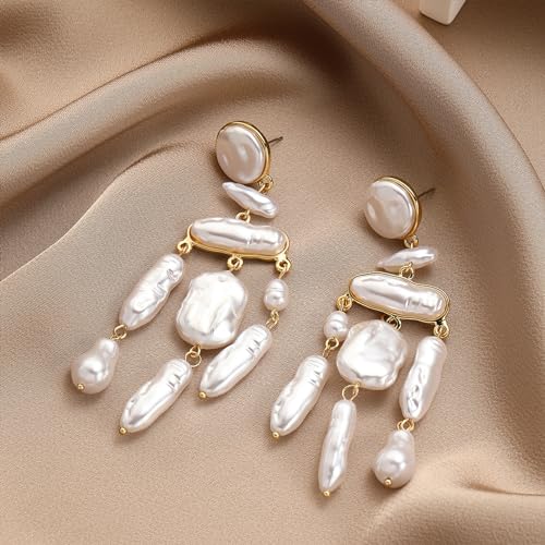 HETICA Gold Pearl Drop Dangle Earrings for Women, Baroque White Big Pearl Drop Earrings Engaged Wedding Bridesmaid Hanging Jewelry Gifts for Women3