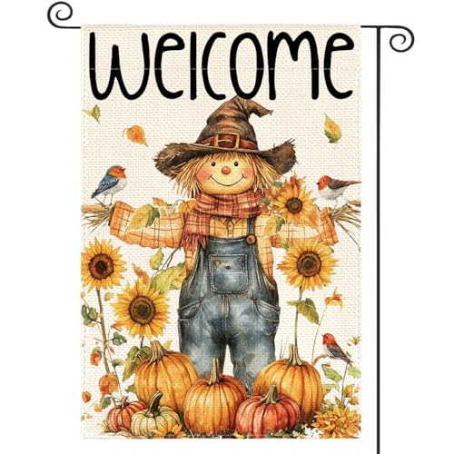 Drapeau de jardin épouvantail d'automne extérieur double face rustique de bienvenue 30x45