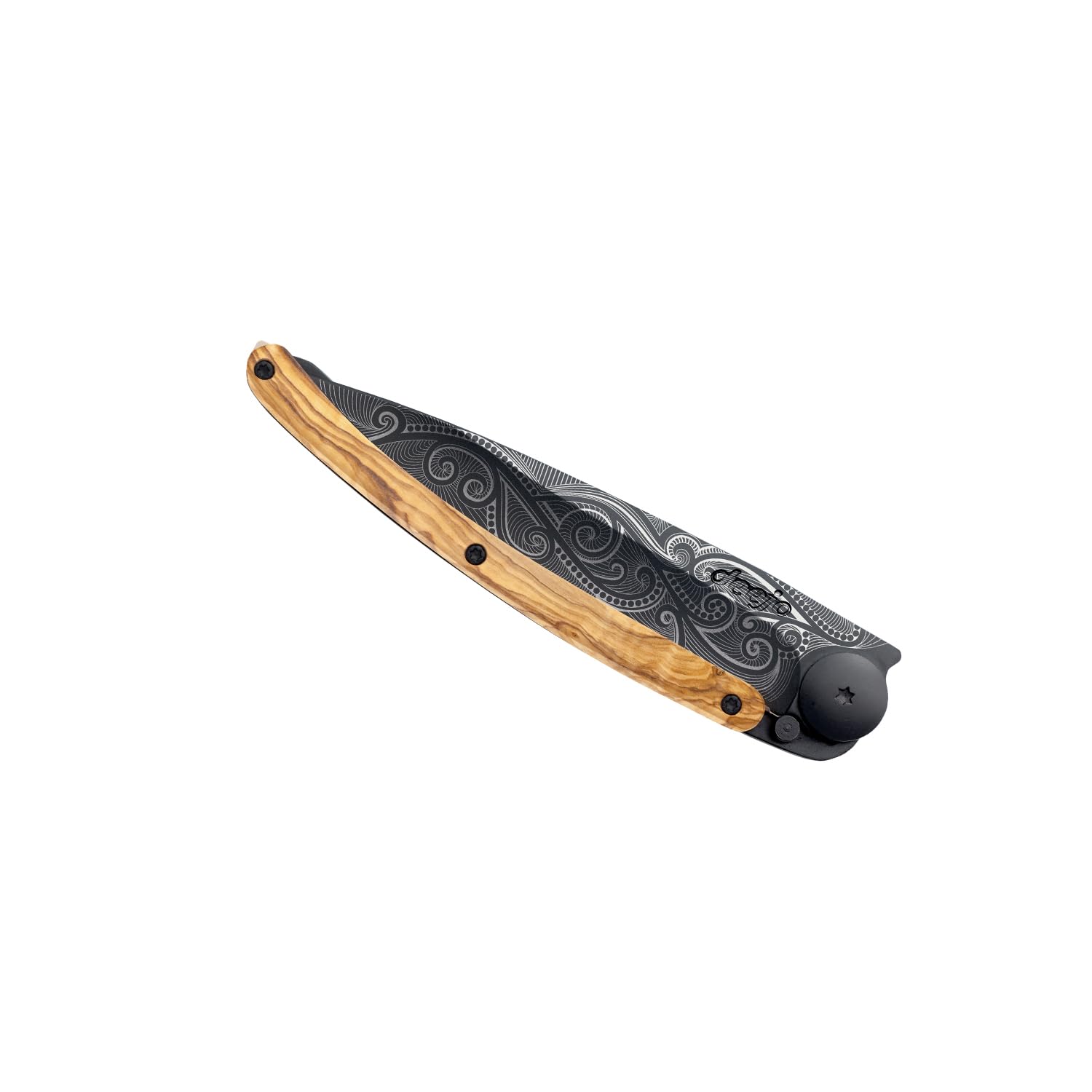deejo - Couteau de Poche Pliant 27g - Manche en Bois d’Olivier, Lame en Acier Inoxydable Z40C13 - Motif Pacifique - Couteau de Table, Randonnée, Camping, Bivouac
