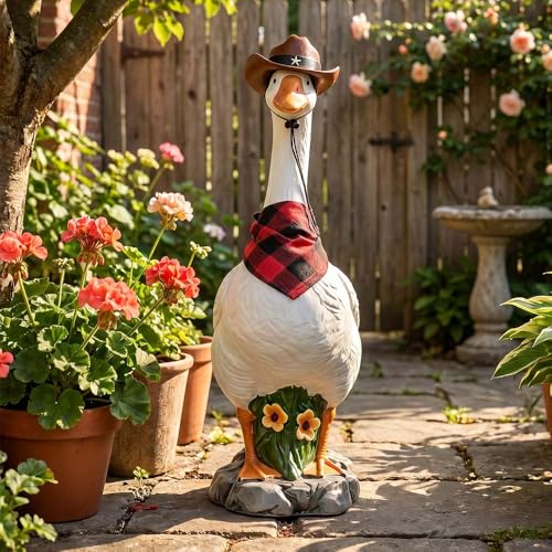 Premium Adjustable Large Porch Goose Statue 14 Inch Realistic Hollow Plastic Garden Goose with Removable Cowboy Hat & Bandana Stone Base with Sand-Fillable Design for Outdoor Stability (White)