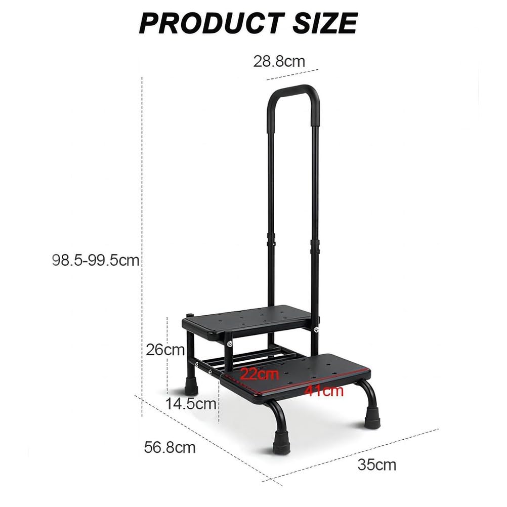 Taburete ajustable con pasamanos y plataforma antideslizante para mayor seguridad en dormitorio, cocina y baño