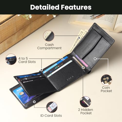 Image of KARA Black Men's Genuine Leather Wallet - Bifold, 2 Cash Compartments, Coin Pocket, 10+ Card Slots, Hidden & Transparent Flip Sections