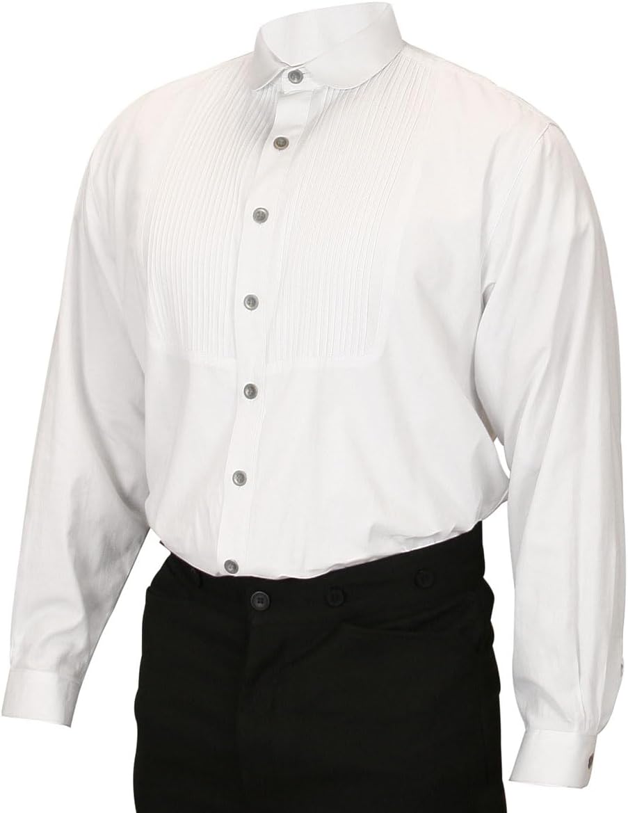 Historical Emporium Men's Banker Club Collar Pleated Cotton Dress Shirt, Victorian Edwardin Period Formal Costume Reenactment