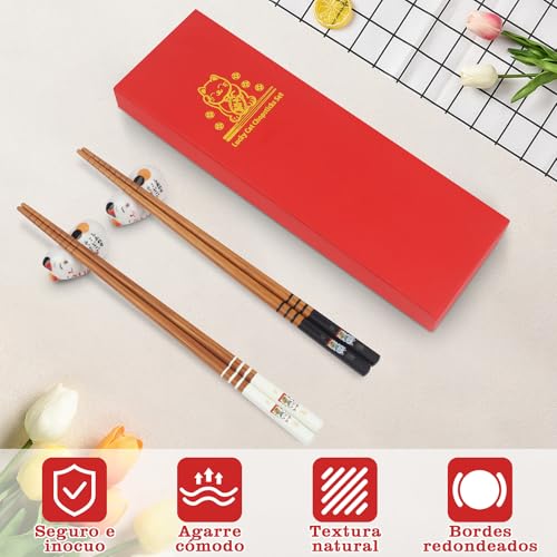 Japanese Natural Bamboo Chopsticks: 2 Pairs Chopstick with 2 Ceramic Cat Chopstick Rest, Reusable, Gift Box Packaging, for Asian Dishes Sushi Rice Noodles - Image 5