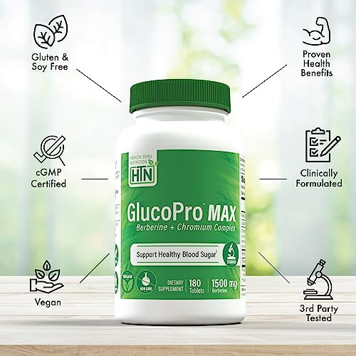Image of Health Thru Nutrition GlucoPro Max - with 1,500mg Berberine, Chrominex + Chromium, and 1,000mg Cinnamon | Vegan, Non-GMO, Gluten Free | Pack of 180