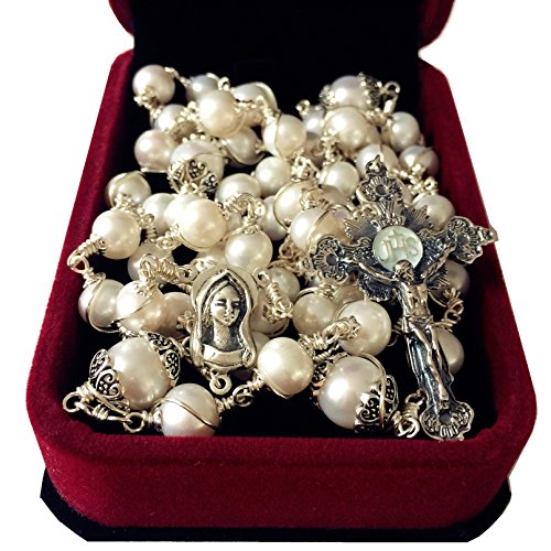 elegantmedical HANDMADE Wire Wraped Bali 925 Sterling Silver AAA+ 8-9mm Real Pearl Beads Catholic Rosary NECKLACE Cross crucifix Box