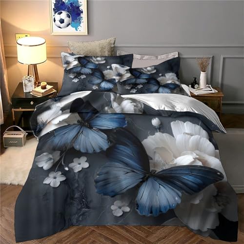 Parure de lit papillon bleu en microfibre 135x200cm pour lit simple