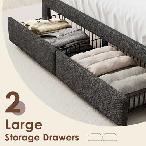 LED Queen Bed Frame with 2 Storage Drawers, Upholstered Bed Frame Queen Size with Headboard and Charging Station, No Box Spring Needed, Easy to Assembly-Dark Grey
